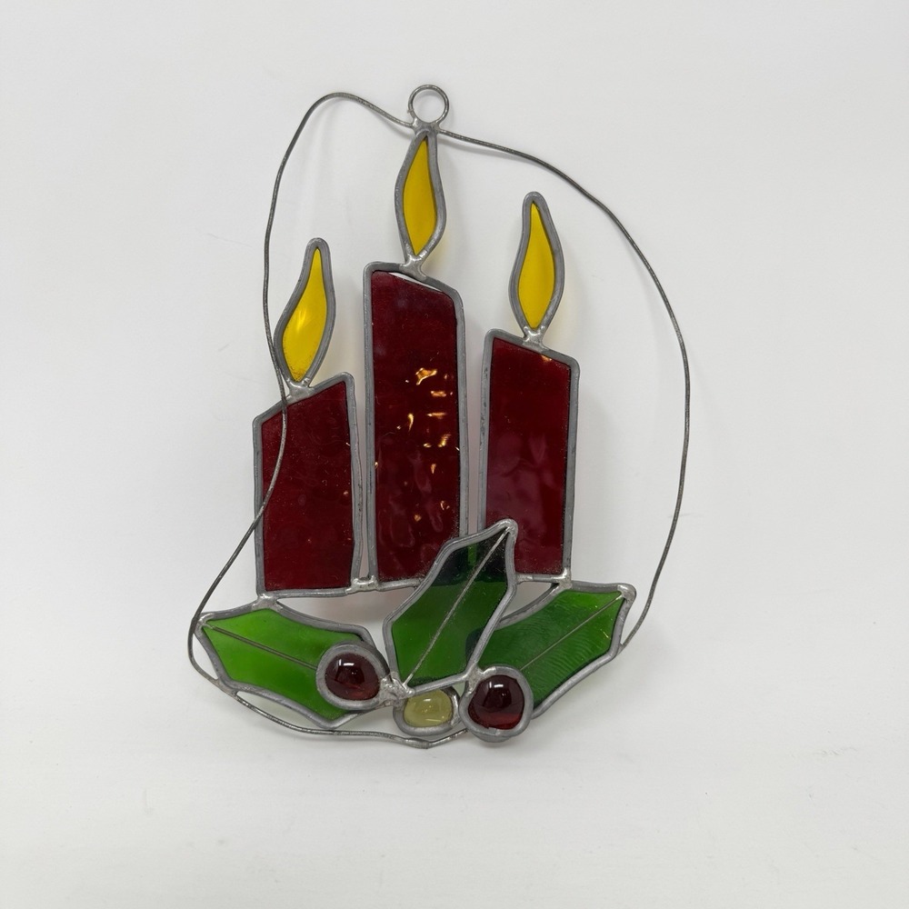 Vintage Stained Glass Christmas Candles & Holly Suncatcher Window Hanging 7"